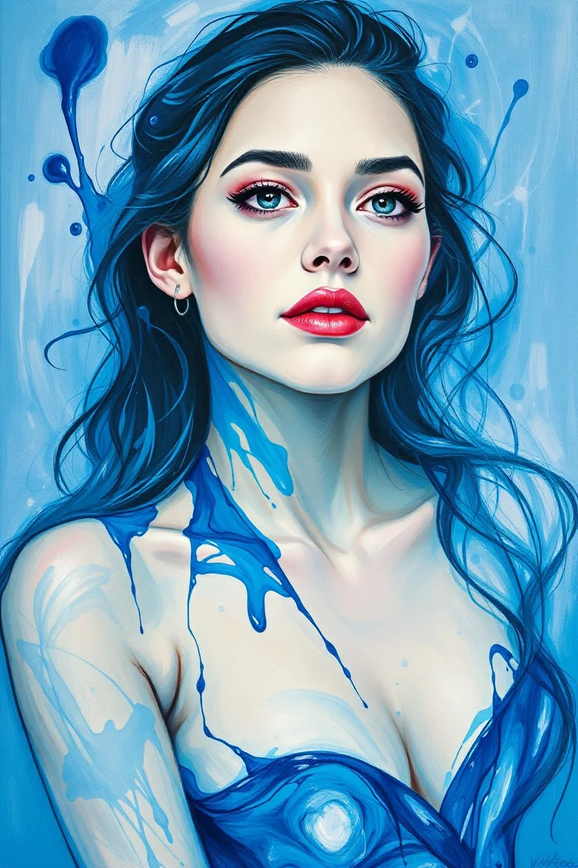 A beautiful young women painted with Liquid abstract blue painting,