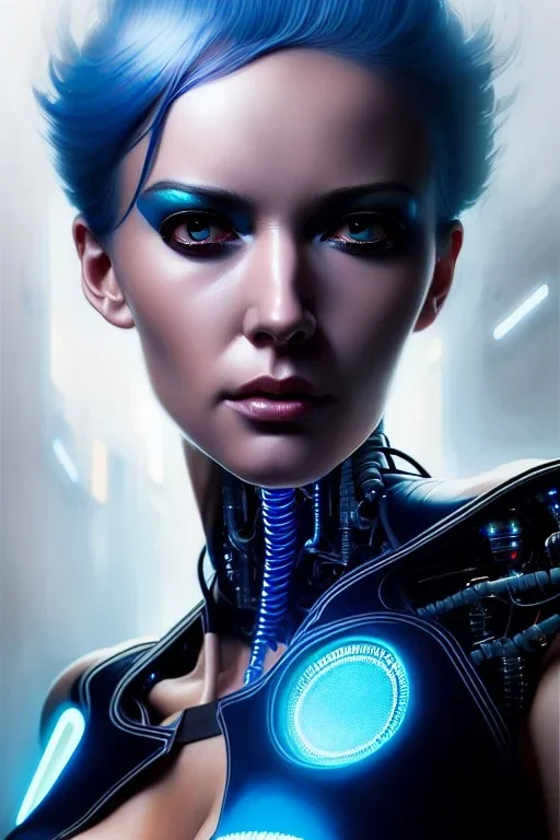 hiper realista, hiper detalhado, retrato de corpo inteiro, no estilo cyberpunk, de uma mulher incrivelmente bonita com implantes biônicos, cabelos azuis, olhos brilhantes, arte de greg rutkowski, artgerm, wlop, rossdraws, boris vallejo