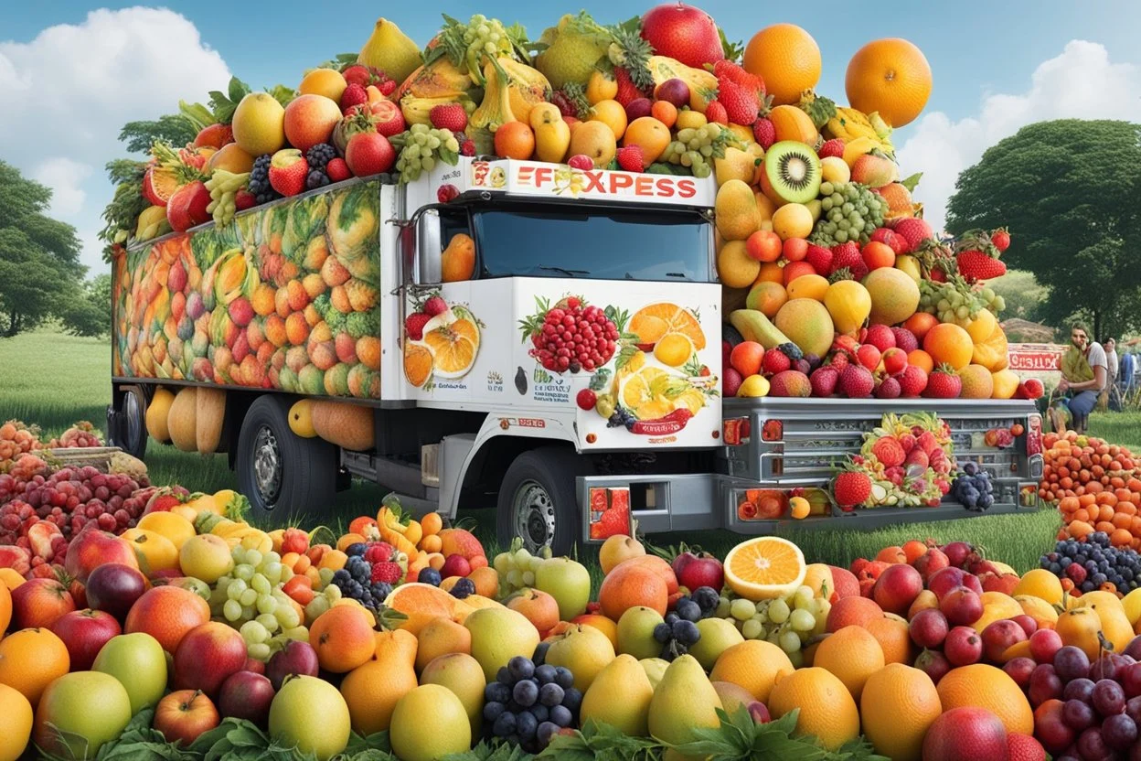 Captivating photo of a large truck full of variety of fresh fruits. The truck's exterior is adorned with an eye-catching "Fruits Express" logo. The fruits spill out of the truck, creating a large carpet of fruits on the grass, around them there are people from various backgrounds collecting the fruits with enthusiasm. The atmosphere is one of joy and happiness, with a clear summer sky.