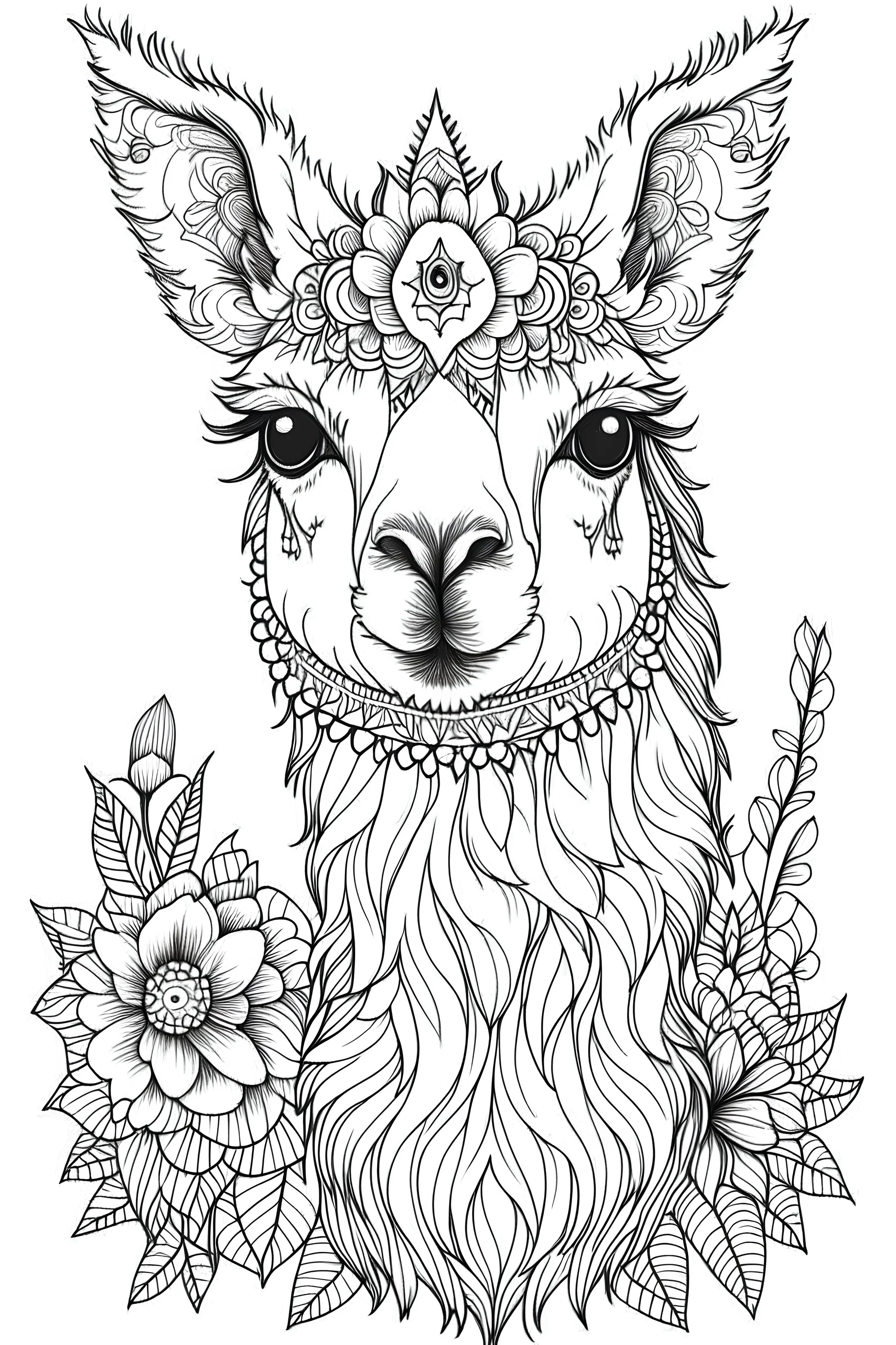 portrait of Llama and background fill with flowers on white paper with black outline only, style mandala