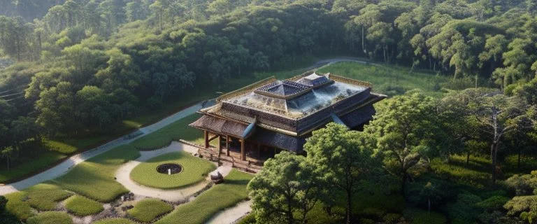 top view that warm, a huge library in forest with fireflies around trees that have wide leaves and broad trunked at night with moonlight.