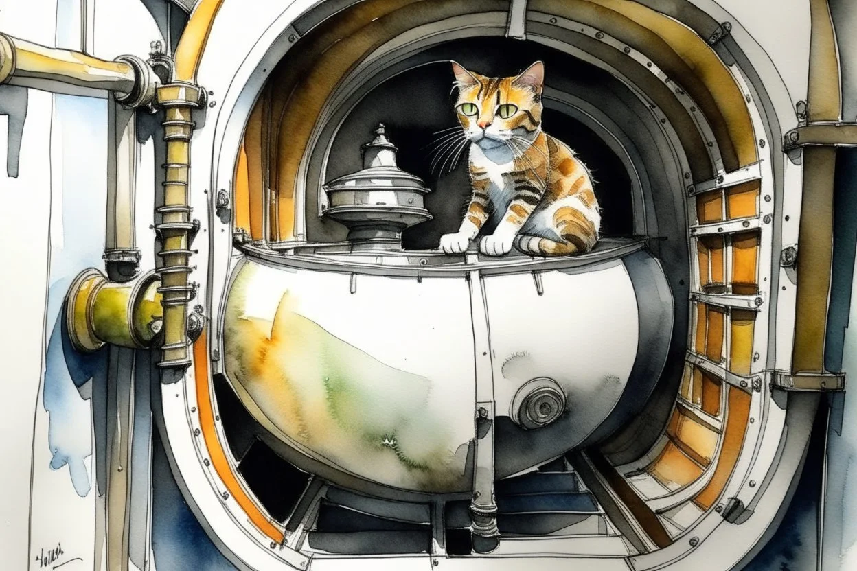 Cat on the boiler in the bathroom, watercolor and ink