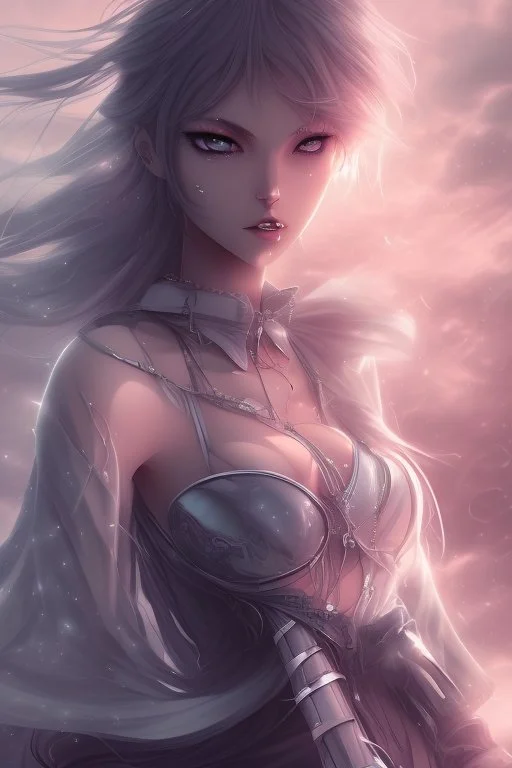 Stunning anime beauty with striking looks in a stormy background