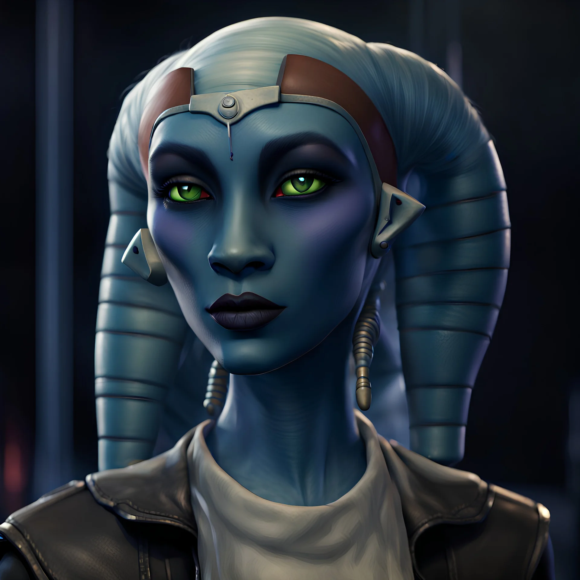 young female twi'lek, street smart, wearing a black leather jacket