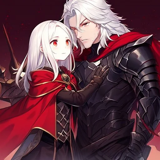 Vampire knight, young man, long white hair, black full plate armor, red cape