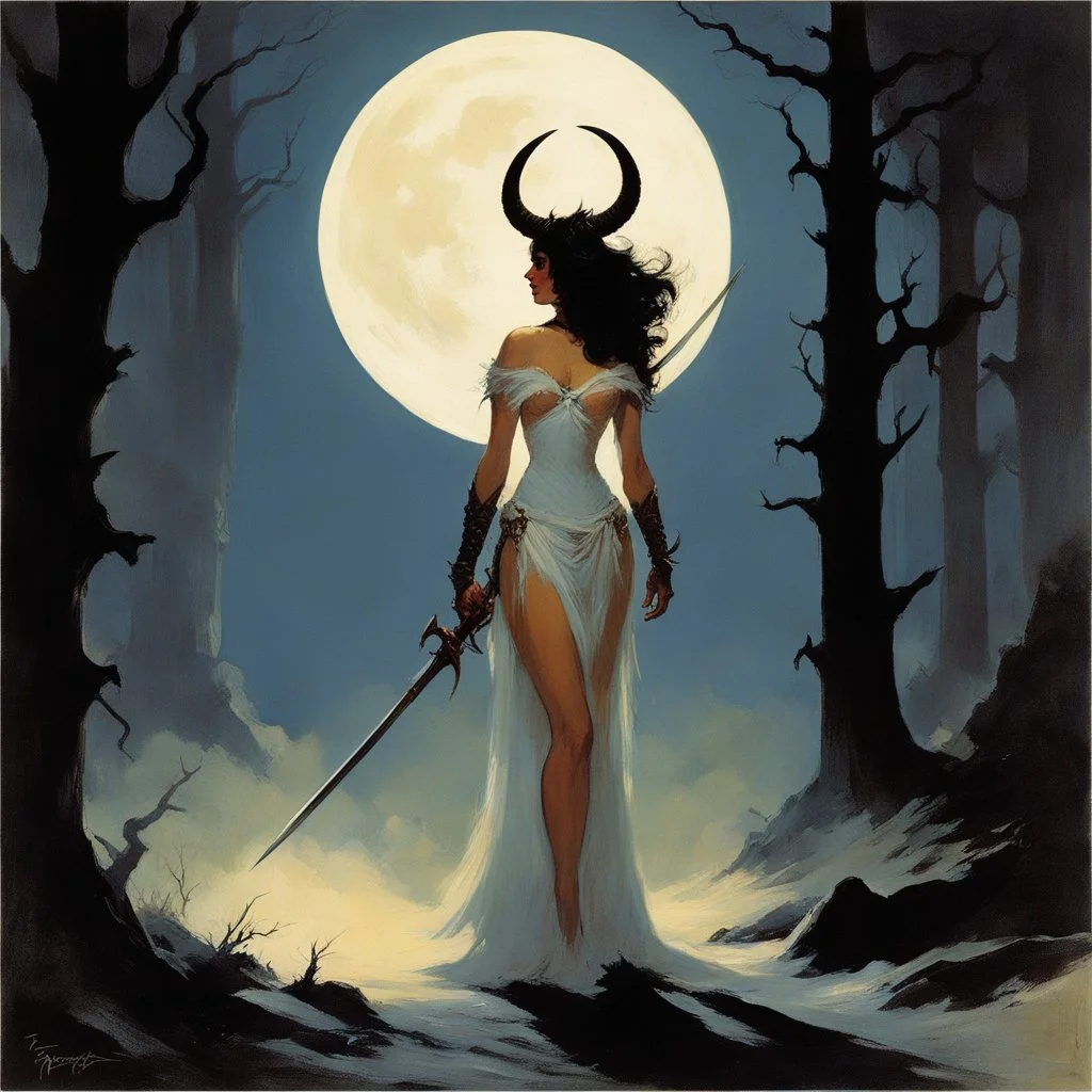 [art by Frank Frazetta] In the shadowed glade, where the moon cast an eerie glow, a figure emerged from the darkness. A demoness, with goat horns spiraling from her head, stood tall and proud. Her vestal linen dress stained with the blood of the celebration she had just made. The demoness wielded a sword, gleaming in the moonlight, a weapon of ancient power and dark intent. Her eyes, a fiery gaze that spoke of untold secrets and forbidden knowledge, surveyed the scene before her with a mix of sa