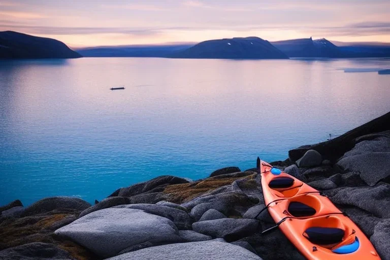 highly detailed glacial lake landscape, sunset, cinematic lighting, 4k, 8k, octane render, trending on 500px, pinterest, extremely detailed, ambient lighting, single frame, small fiberglass sea kayak on rock pebble beach in foreground, norway, iceland, fjord