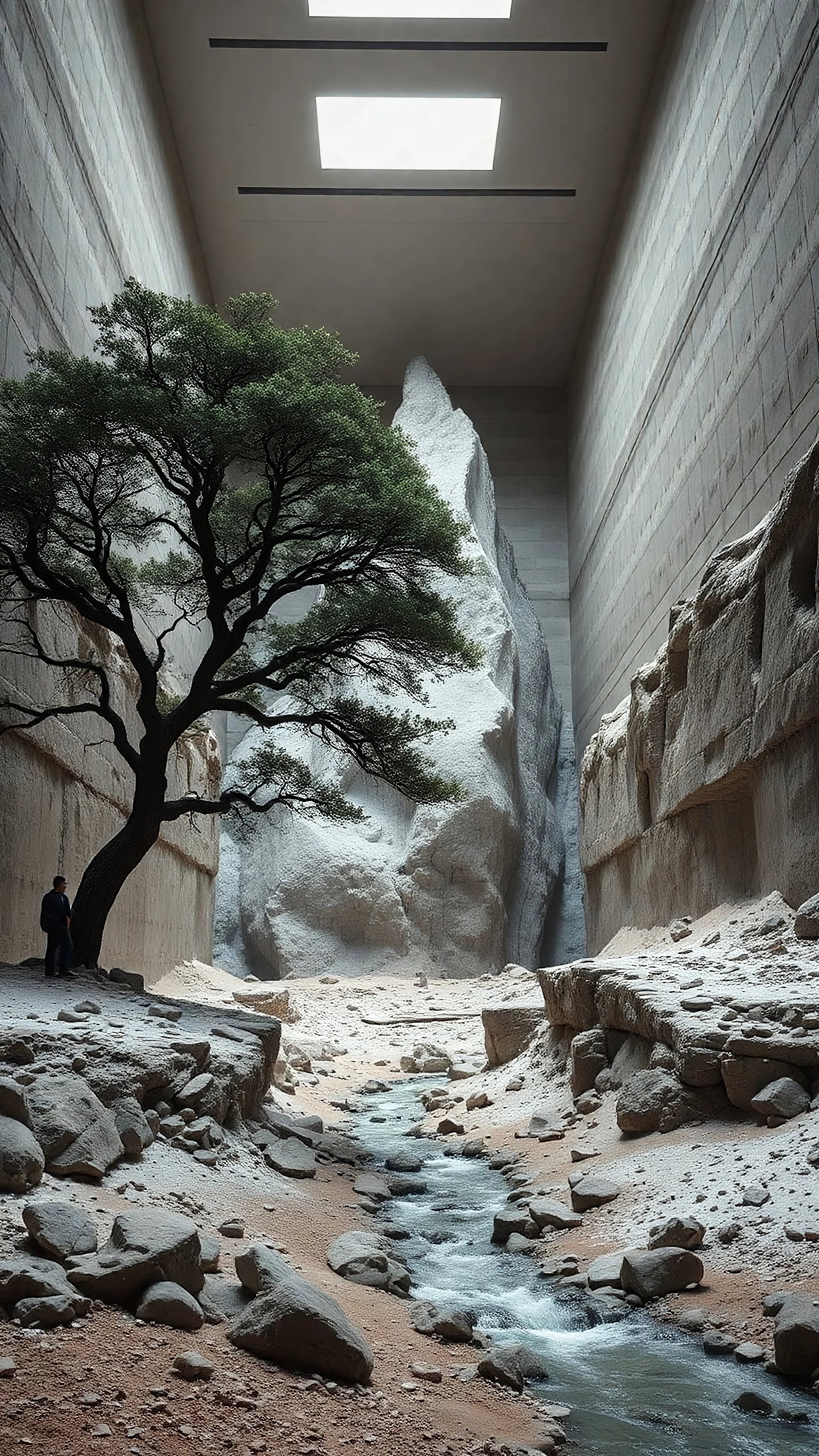 Photograph, a mass of terrain, giant museum space, tree, high walls, high peak in a room, rag, powder, brook, persons, sediments, deflagration of the background, geological formation, light, architecture, minimalist, details of the terrain very accentuated, 8k, deep 3d field, sharp, brutalist, hasselblad h6d400c --ar 85:128 --v 6.0