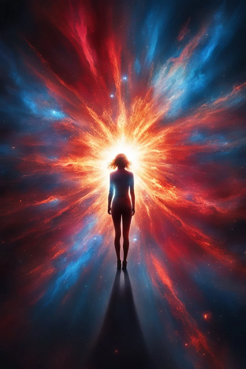 A spectacularly igniting supernova shines brightly amidst the darkness of space, captivatingly watched by an enigmatic man. The explosion of colors and light creates a mesmerizing display in the image, which is most likely a breathtaking digital artwork. The vivid explosion painted in vivid shades of crimson, gold, and electric blue, beautifully contrasts against the woman's shadowed figure, adding a sense of mystery and wonder to the scene. The clarity and detail in this visually stunning com