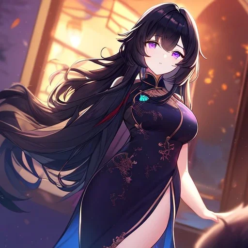 Clear focus,High resolution, Black long fluffy hair, and purple eyes, wearing a chinese dress, cute