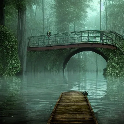 a forest and bridge completely submerged under water, forest and bridge at the bottom of a lake, schoo of fish, 8k Resolution, Fine-Detail, High-Quality, Intricate, Detailed Matte, 3d Octane Render, Beautiful, Stunning, Brian Froud, Selina French, Howard Lyon, Greg Rutowski, Annie Dittman, Annie Stokes