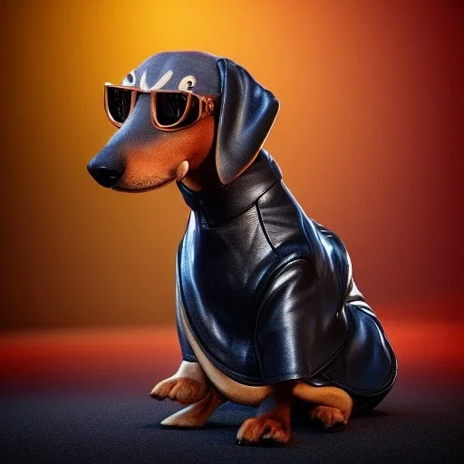 cute male daschund with the body of a human, wearing a leather jacket and sunglasses, pixar style, disney, dramatic, dramatic lighting, volumetric lighting, hyperrealism, 8k, high quality, photorealistic, lot of details