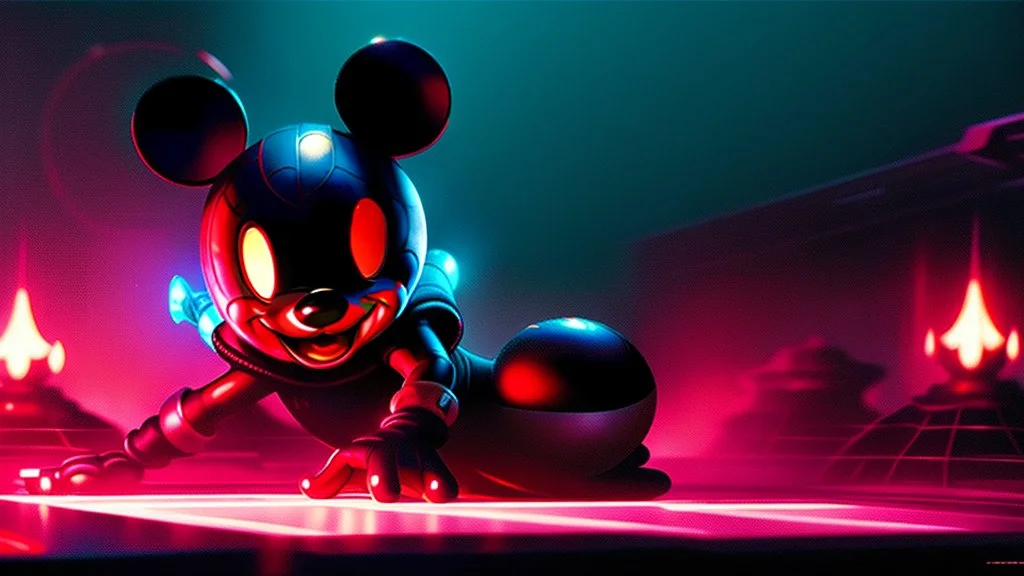 a spider mickey mouse hybrid, photorealism, movie screen capture, horror, sci-fi, retrofuturism, evil, demon-like