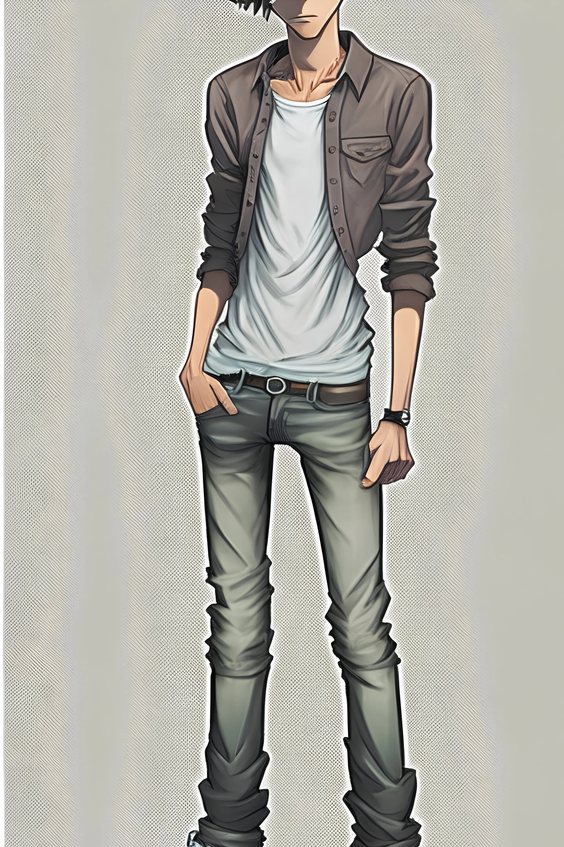Teen man, black hair, perfect face, style of tomer hanuka, jeans, leather jacket, pompadour. standing, full body