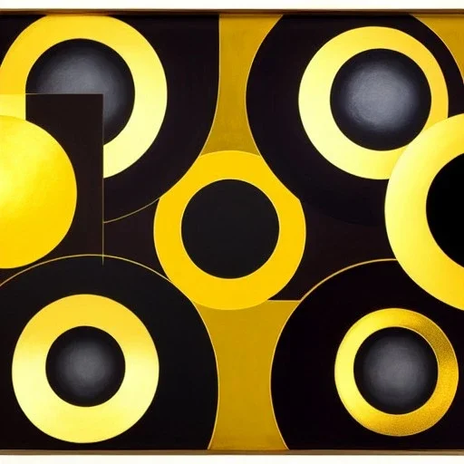 in the style of malevich, black canvas and gold metal circles