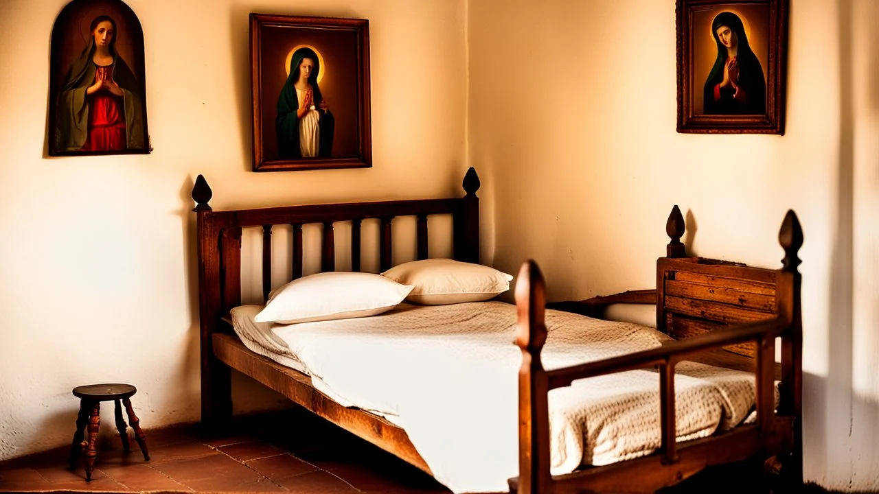 poor European small village room with a narrow old vintage wooden bed, large white pillows at the end of the bed, an old wardrobe, a small table by the wall, a kerosene lamp on it, above it there is a religion painting of the Virgin Mary the blessed mother with sacred heart on the wall, an old rectangular mirror, in front of the wooden framed window there is no curtain, simple village furniture, sharp focus, high realistic, perfect photo