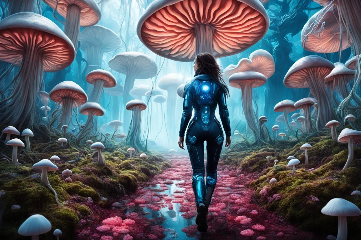 Woman in an Android suit, Walking Through Alien Mushrooms With Jellyfish Tentacles, Floating Through An Alien Forest, Floor and walls Covered In Mushrooms, Photorealistic, Deep Colour, Intricate Detail, Sunshine, Blue Sky