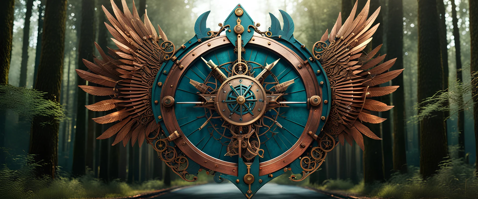 High-end hyperrealism symmetrical Steampunk ((logo ARD)) swords and shield shape, inspired cinematic photography, symmetry forest alley background, Aesthetic combination of sage green and blue metallic and honey red, Vintage style with brown pure bronze accents, Art Nouveau visuals with Octane Render 3D tech, Ultra-High-Definition (UHD) cinematic character rendering, Detailed close-ups capturing intricate beauty, Aim for hyper-detailed 8K