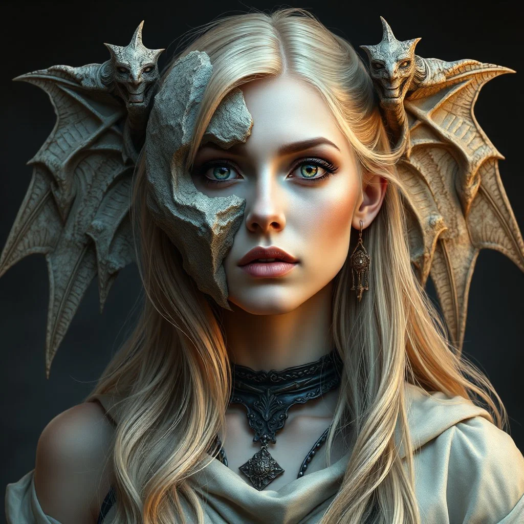 a portrait of an attractive blonde fantasy woman whose face is partially made of stone, medieval, gothic, digital art, stylised, gargoyle