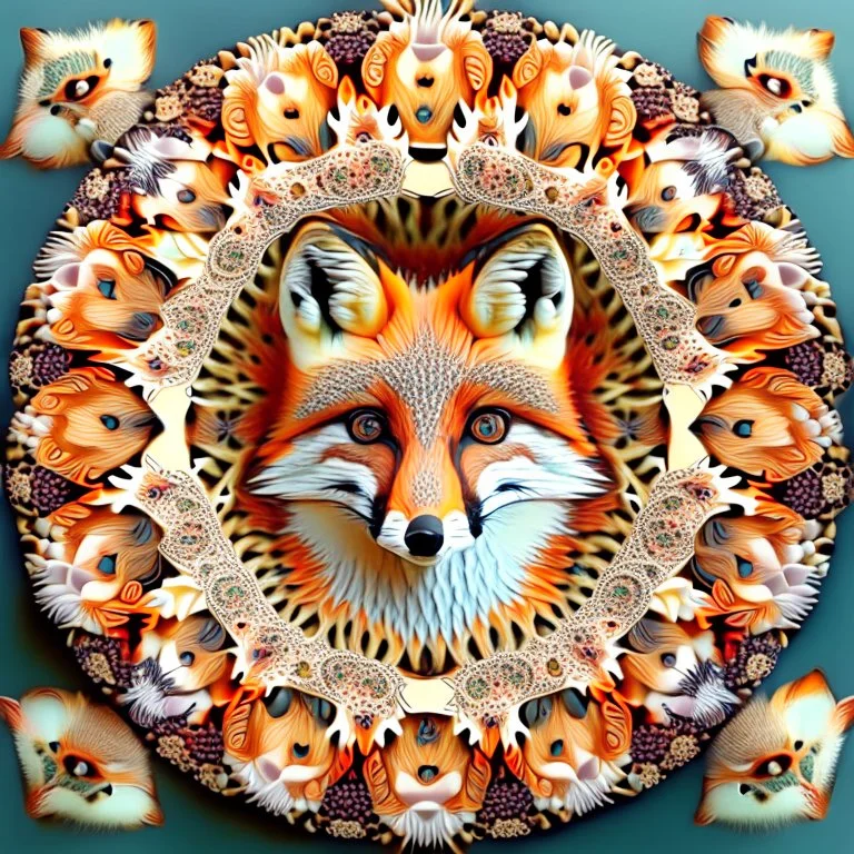 Fox mandala made up of many miniature fox faces, ultra quality, hyper detailed