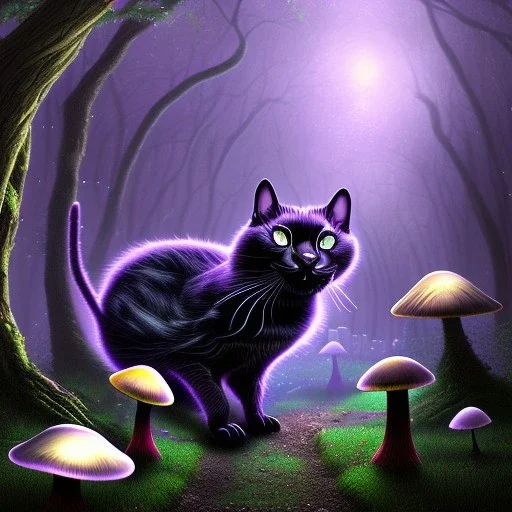 black cat, walking, psychedelic forest, crystals, mushrooms