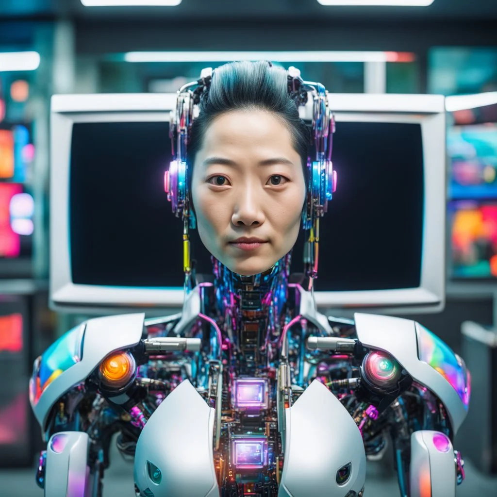 cyborg AI mayor inside TV, Japan, facing the camera, bright colors