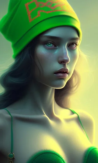 girl, cute, beautiful, long hair, wavy hair, green hair, blue eyes, green beanie, green bra,big titts, black tee shirt, head and shoulders portrait, 8k resolution concept art portrait by Greg Rutkowski, Artgerm, WLOP, Alphonse Mucha dynamic lighting hyperdetailed intricately detailed