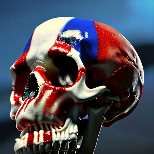 a picture of a dark, comedic, anatomically correct wall of red white and blue tightly packed stacked skulls of varying sizes and expressions, photo realistic, insanely meticulous, highly detailed, part of a collection of bones on display, 64k, dystopian, vray, anatomically correct