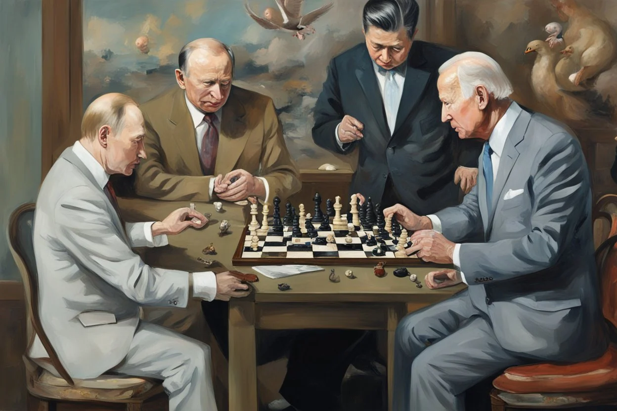 Putin, President Xi Of China And Joe Biden Play Chess With A Pigeon,Ufo And Atomic Bomb Mushroom Cloud,Complex Surgical Instruments Intermixed With A Newborn Boy,Minimalist composition,Painting By Adrian Ghenie,Rene Magritte,Pablo Picasso,Michelangelo,Salvador Dali,Lucian Freud