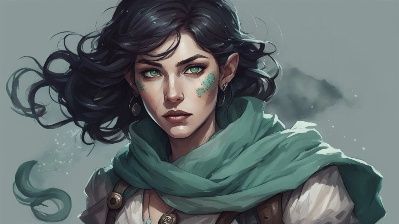 dungeons and dragons human female fathomless warlock, pale freckled skin, short ink black hair, sea green eyes, scar across her bottom lip, wears clothes made for sea travel, portrait