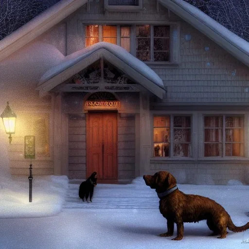 portrait of sad, scared, lonely dog tied with a short leash in front of house, winter, 8k resolution, high-quality, fine-detail, intricate, digital art, detailed matte, volumetric lighting, illustration, 3D octane render, brian froud, howard lyon, selina french, anna dittmann, annie stokes, lisa parker, greg rutowski