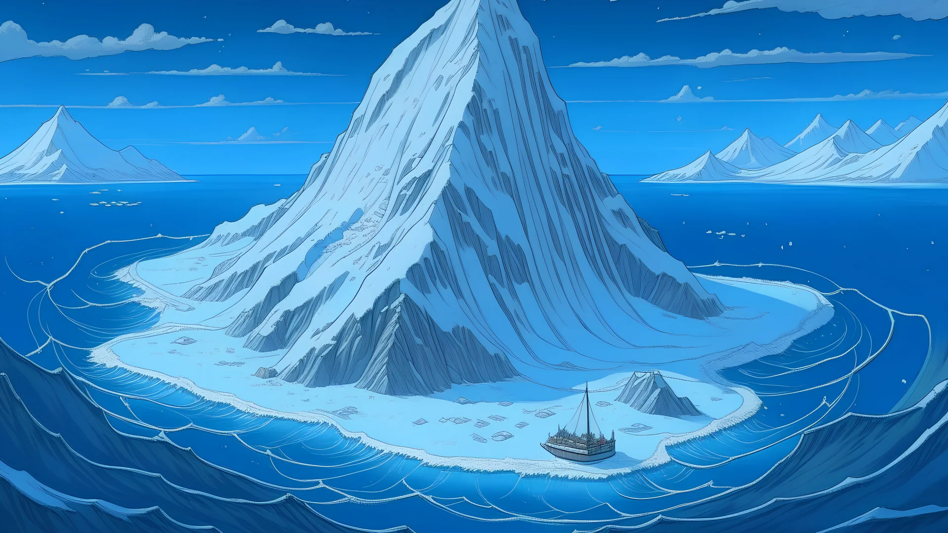 1 dimensional lonely snow mountain in icy sea drawn by studio ghibli