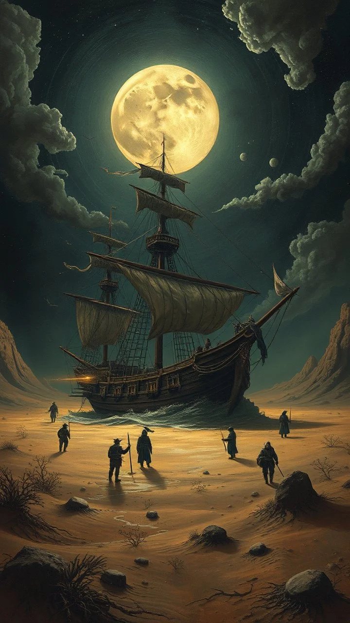 Hieronymus Bosch style nightmares pirates ship in the desert