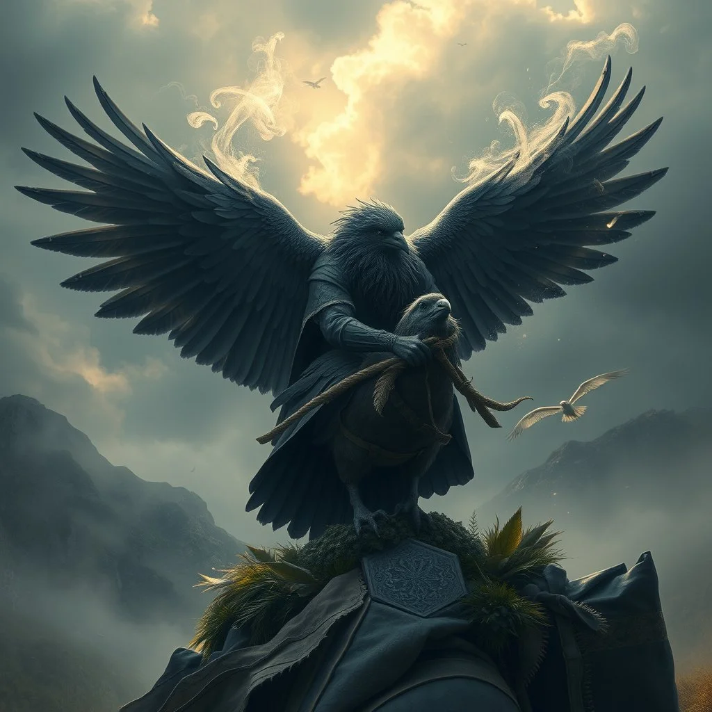 air is charged with magic around a storm pigeon crow bird rider with wings and beard and hair is full of feathers above holy valley