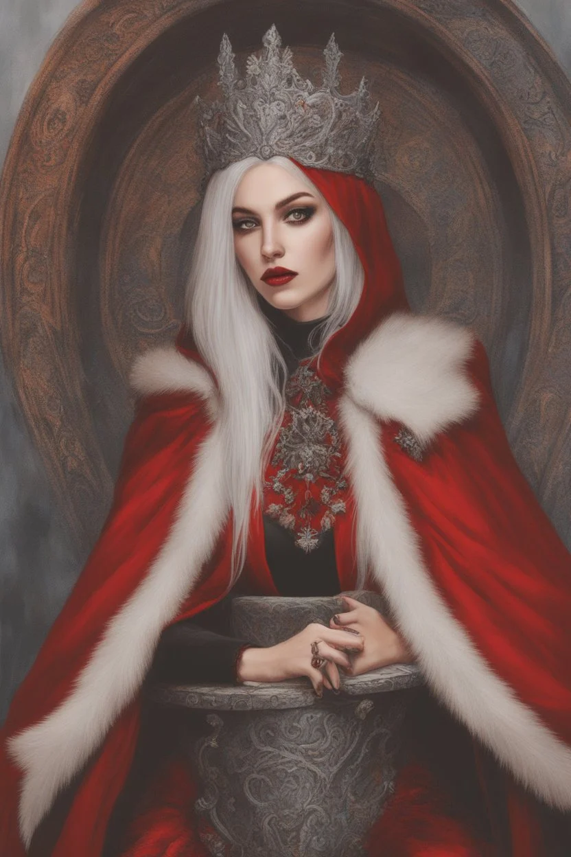 Beautiful white haired Vampire queen on her throne, drawing. Wearing a red cloak with a fur collar