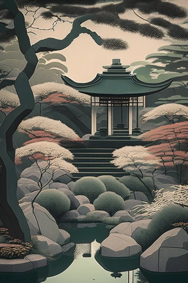 Somber Japanese garden in art deco style