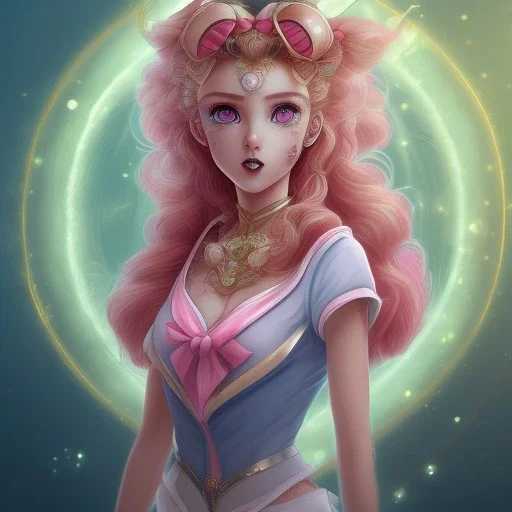 Sailor moon, Beautiful, Fire witch, round face, pale skin, wild curly pink hair, red eyes, pink and red eyeshadow, pink glossy lips, wearing a pink witch, wearing a red crystal necklace