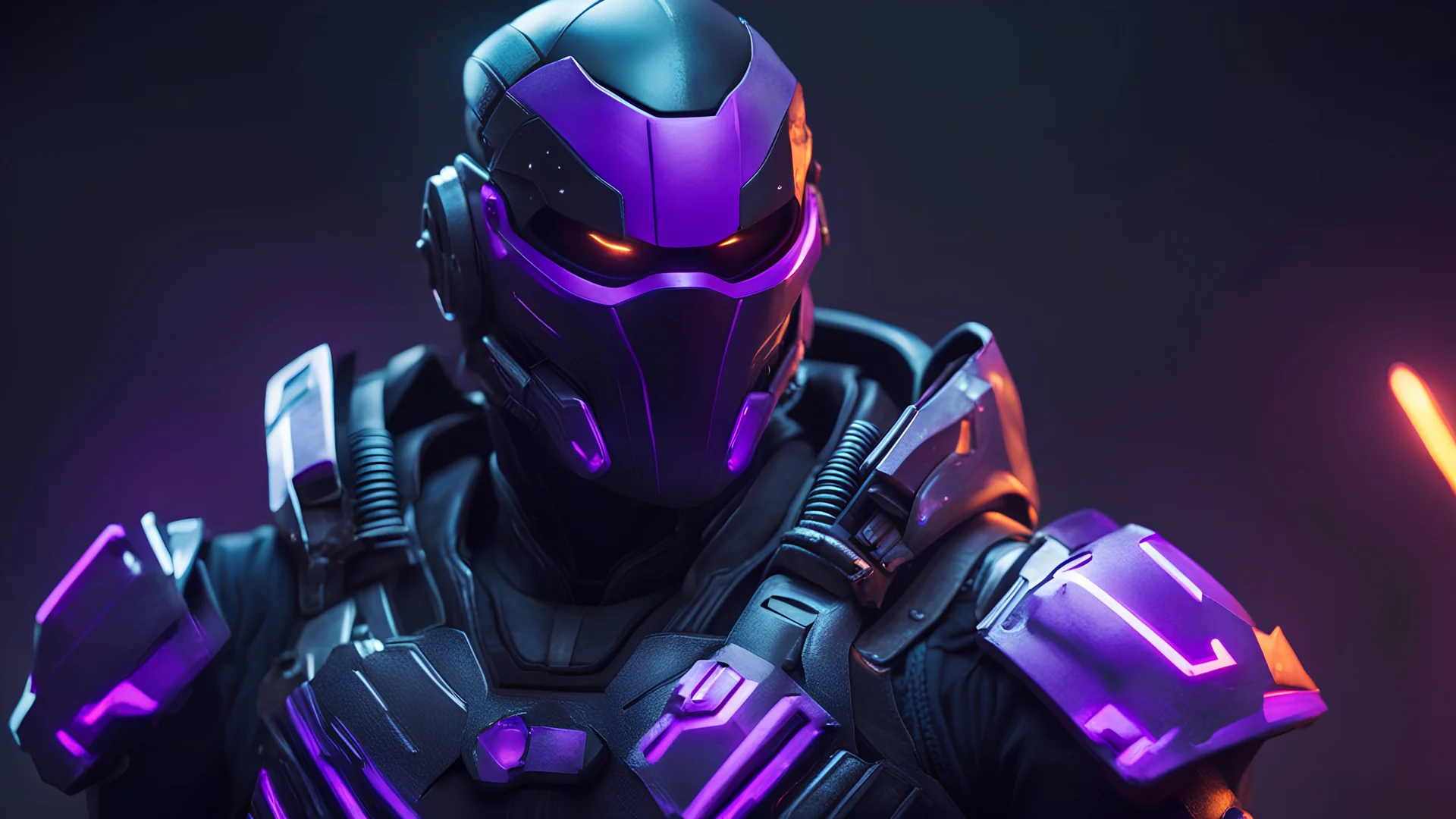 A futuristic assassin wearing futuristic armor colors of black and neon purple an a black visor deathstroke style. 8k contrast an saturated very detailed focus on detail ultra realistic