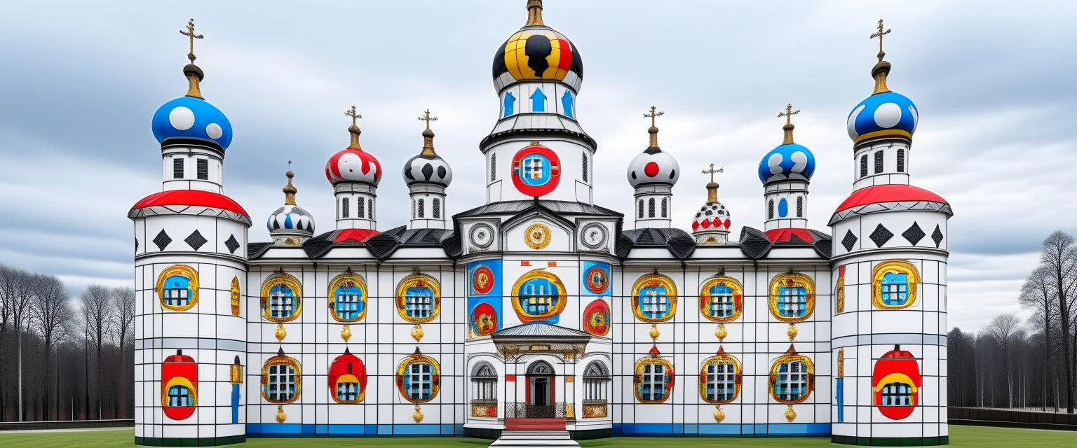 A white cloudy sky with a puffy palace designed in Matryoshka dolls painted by Piet Mondrian