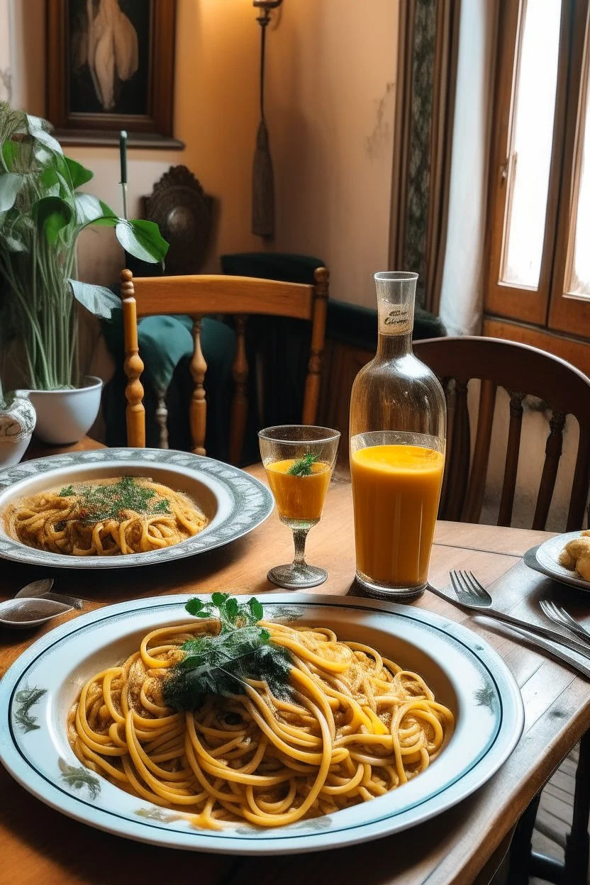 معكرونة باللحم في صحن كبير وملاعق وماء ومشروبات في غرفة أكل بوهيمية