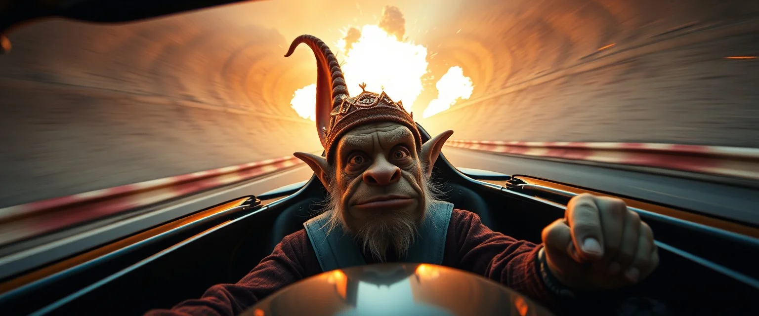 weird perspective worried yoga race car going sideways in ramp driver close up portrait of dj troll elf pilot looking down on cam, with background in the style of escher and giger, a chill contrapunctus fugue in the style of fsol, beethoven, goa trance breaks, dancefloor drum and bass, burning cars, fire and explosions