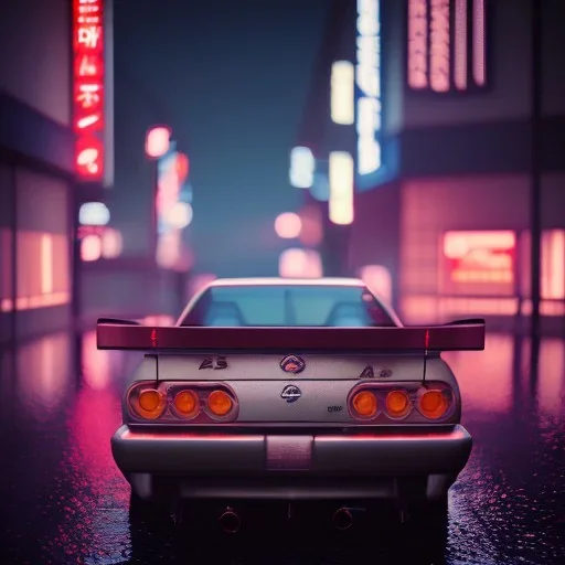 nissan skyline r34; tokyo; realistic; rain; neon signs