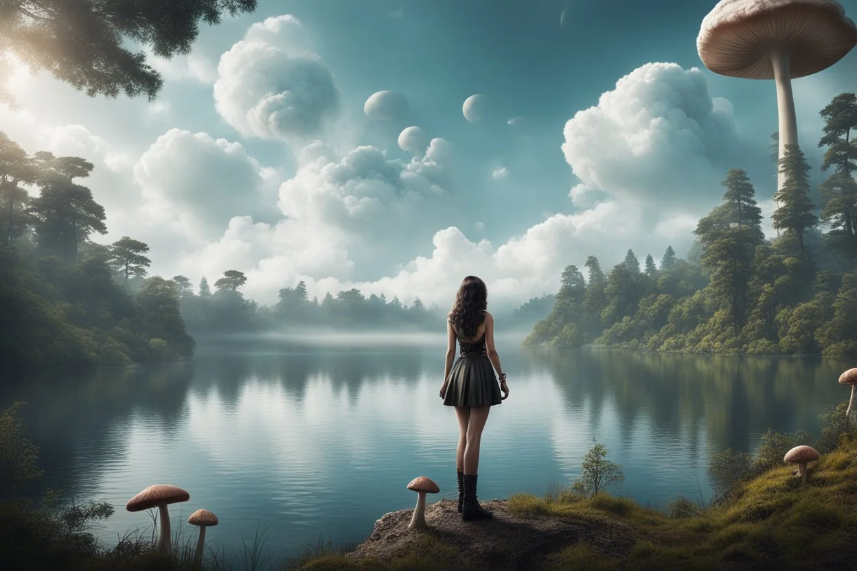 A skinny woman with a Cleopatra hairstyle, short skirt, and knee-high boots, looking out over a lake, in an alien forest, with tall cloud trees, flying mushrooms with octopus tentacles