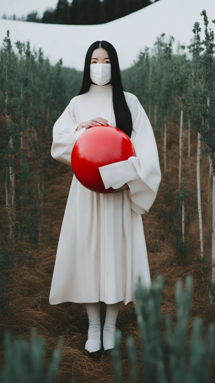 a no face woman with mask standing in a field holding red ball, inspired by Ren Hang, design milk, long black hair, whites, wanderers traveling from afar, trending on artisation, cloning spell, coat pleats, in twin peaks, submarine, by Helen Thomas Dranga, symetry, round-cropped, noire photo