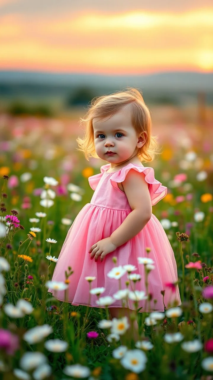 A baby girl with a pink dress standing in beautiful colorful meadow of wild flowers floral background, landscape with white or pink flowers with sunset and blurred background. Soft pastel Magical nature copy space evening not bright