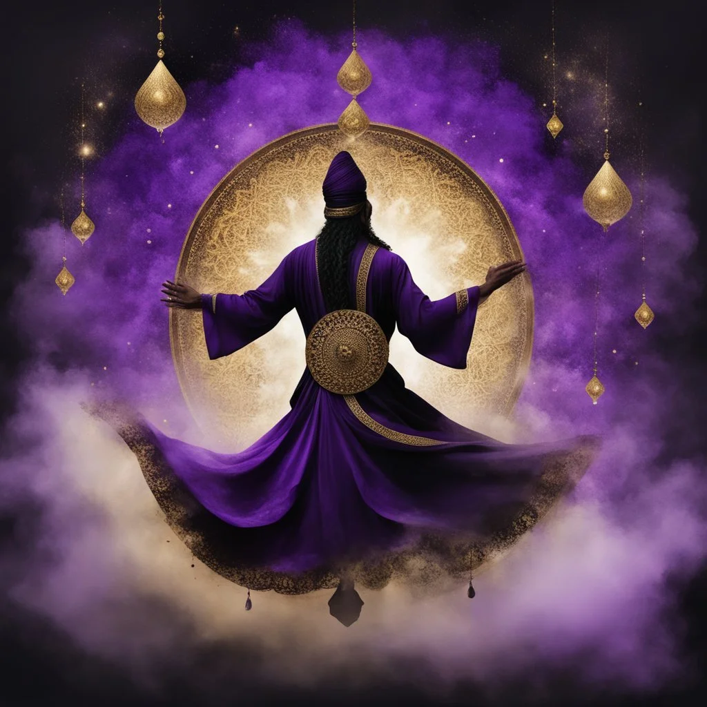 Hyper Realistic Sufi Whirling with Black, & Purple Islamic Sufi Rustic Grungy Background with golden crystals & fog around at night