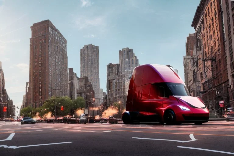 A Tesla 'Semi' (semi truck) is going at a high speed, near the Flatiron Building in Manhattan. (CINEMATIC, WIDE ANGLE LENS, PHOTO REAL)