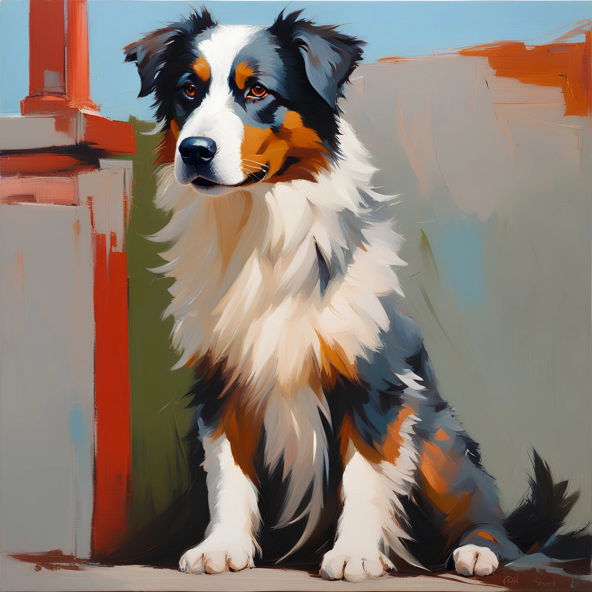 oil painting, Australian shepherd dog, naive art, realism, hight quality, by Henry Asencio, by Bo Bartlett