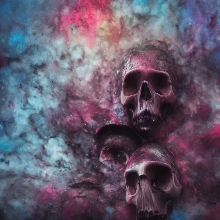 abstract photographic camera mixed with skull in dirty style. fog and smoke in atmosphere. bokeh, lens flare. Dark mood. Dripping paint. oil on canvas, mixed media, high detailed.