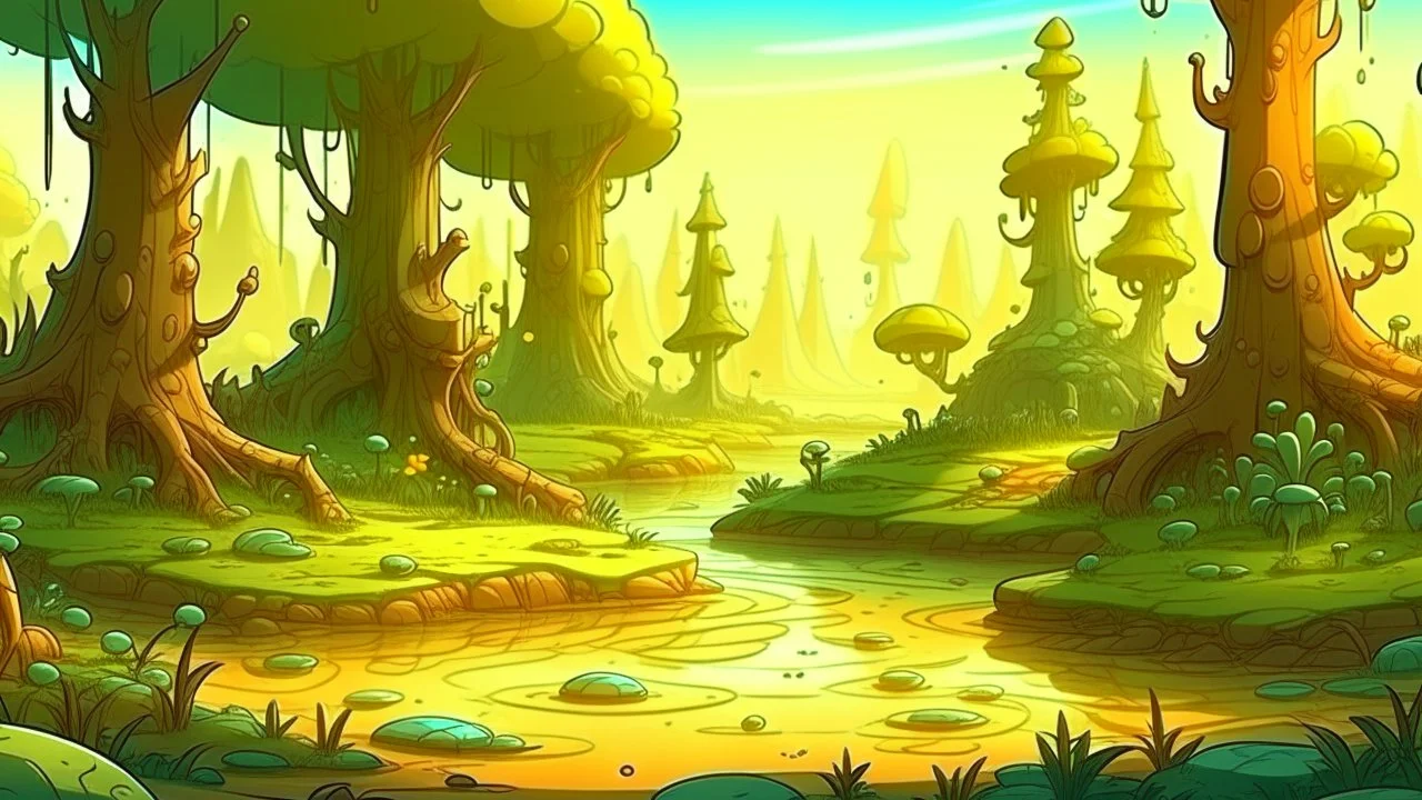 Fantasy cartoon illustration for children: swamp park, millions of years ago, with towering prehistoric trees, bubbling mud pits